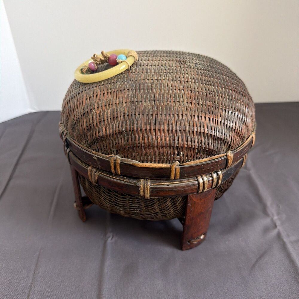 Antique Chinese Woven Bamboo Sewing Basket Lidded Wood Legs Vintage Bead Accents